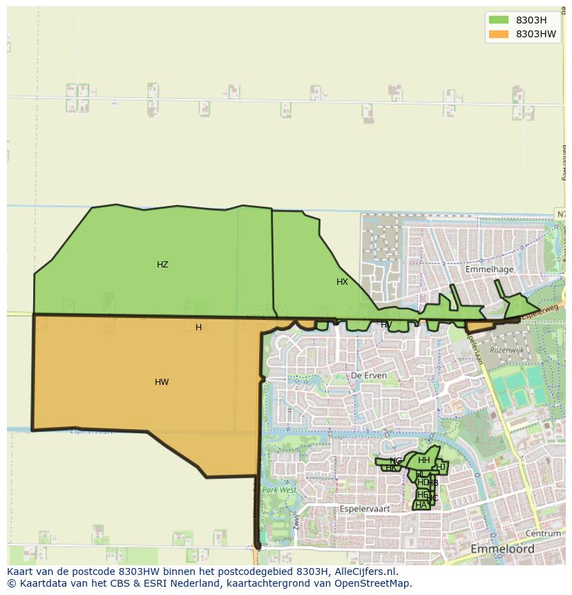 Afbeelding van het postcodegebied 8303 HW op de kaart.