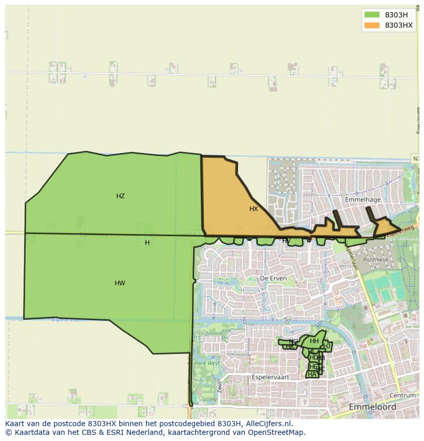 Afbeelding van het postcodegebied 8303 HX op de kaart.