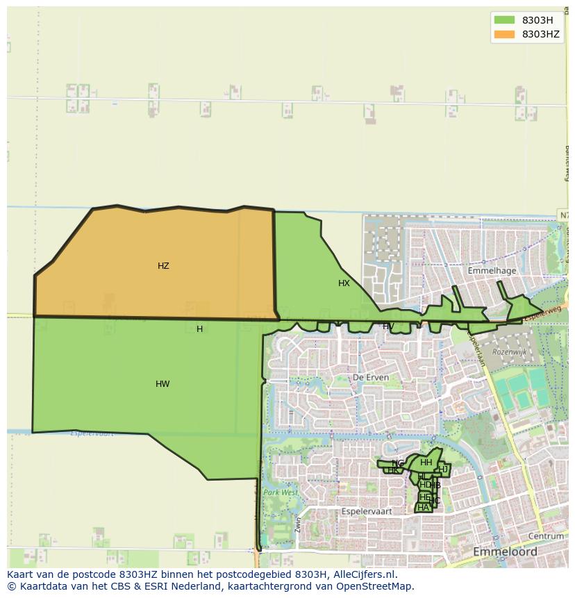 Afbeelding van het postcodegebied 8303 HZ op de kaart.