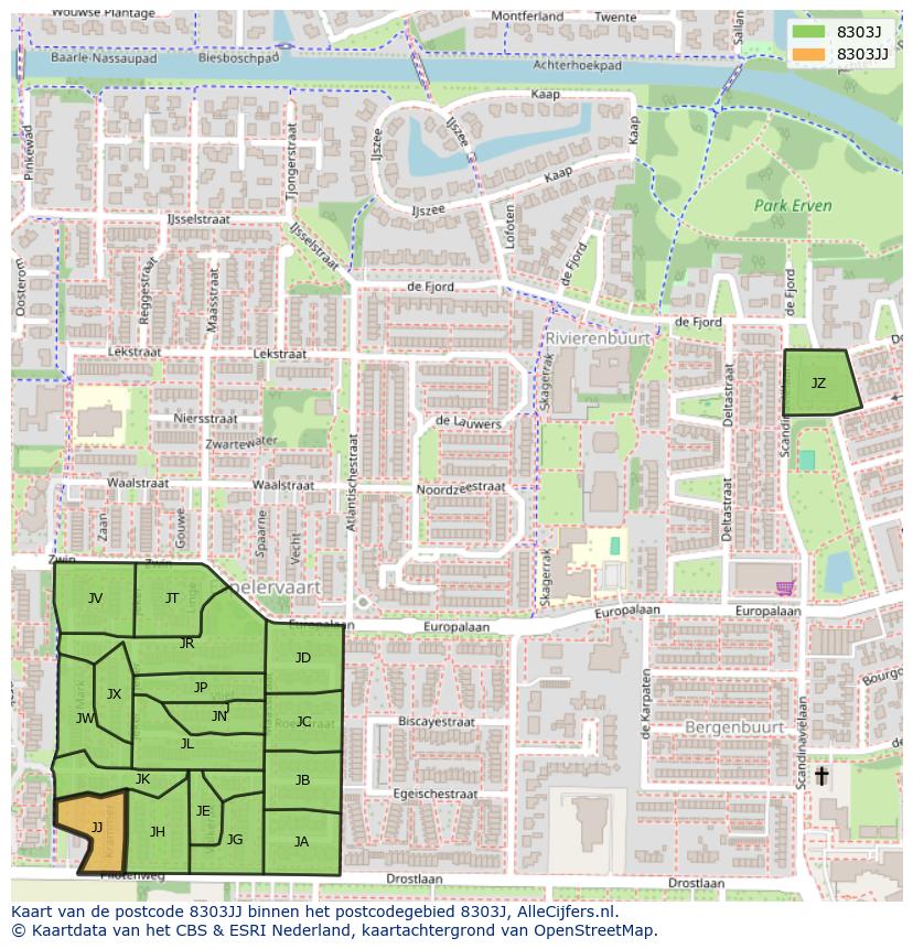Afbeelding van het postcodegebied 8303 JJ op de kaart.