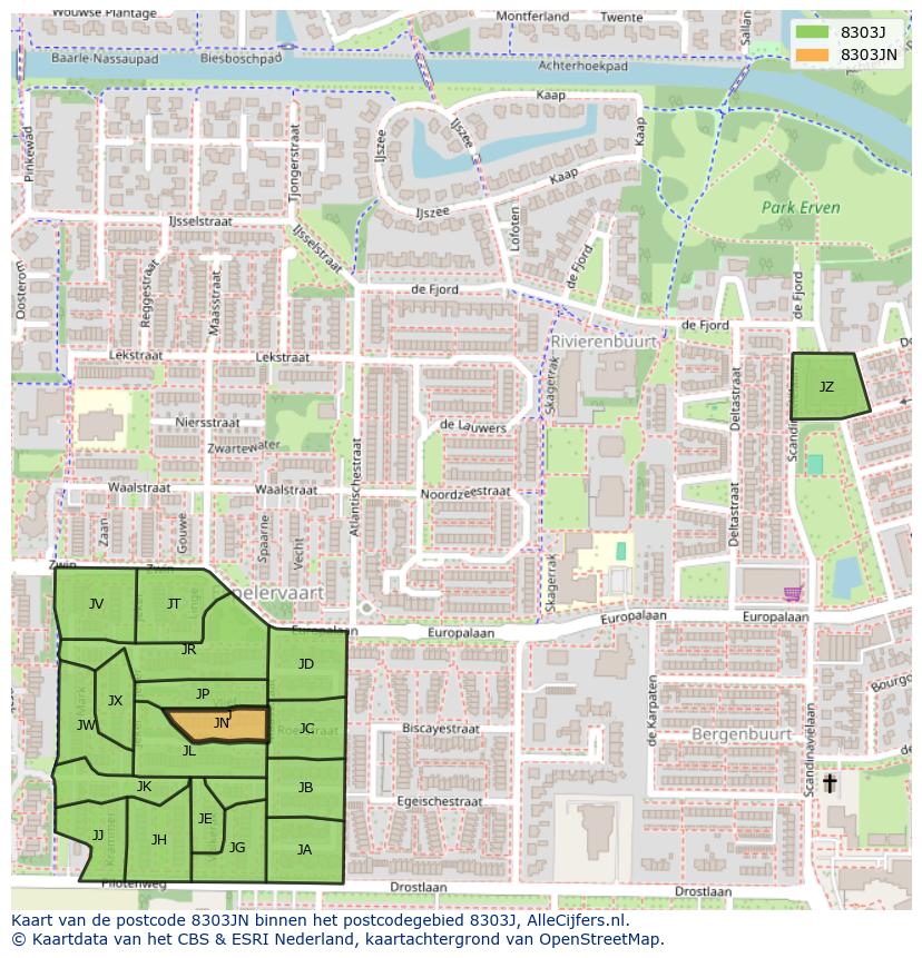 Afbeelding van het postcodegebied 8303 JN op de kaart.
