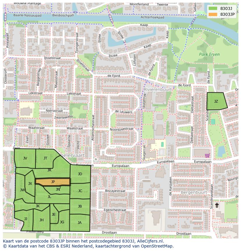 Afbeelding van het postcodegebied 8303 JP op de kaart.