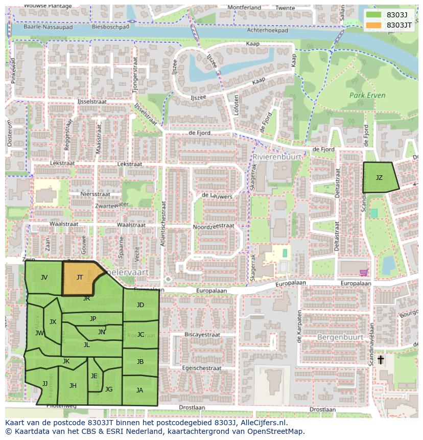 Afbeelding van het postcodegebied 8303 JT op de kaart.