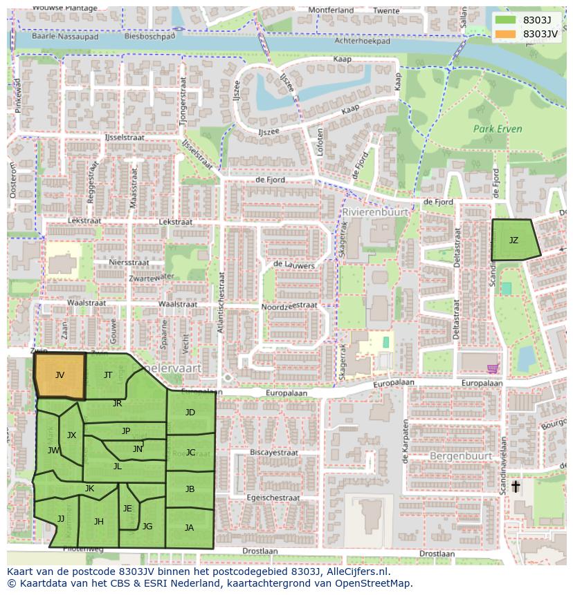Afbeelding van het postcodegebied 8303 JV op de kaart.