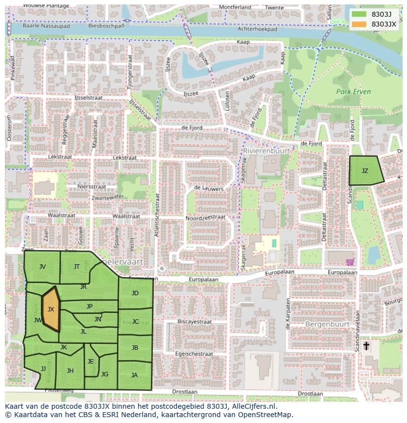 Afbeelding van het postcodegebied 8303 JX op de kaart.