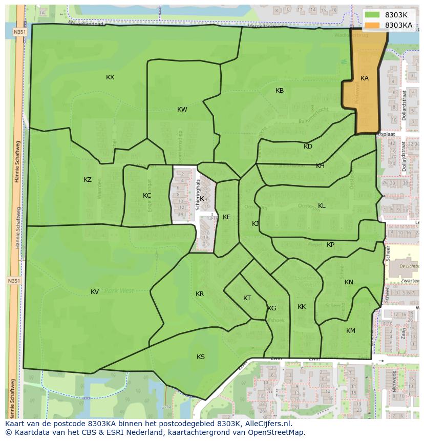 Afbeelding van het postcodegebied 8303 KA op de kaart.