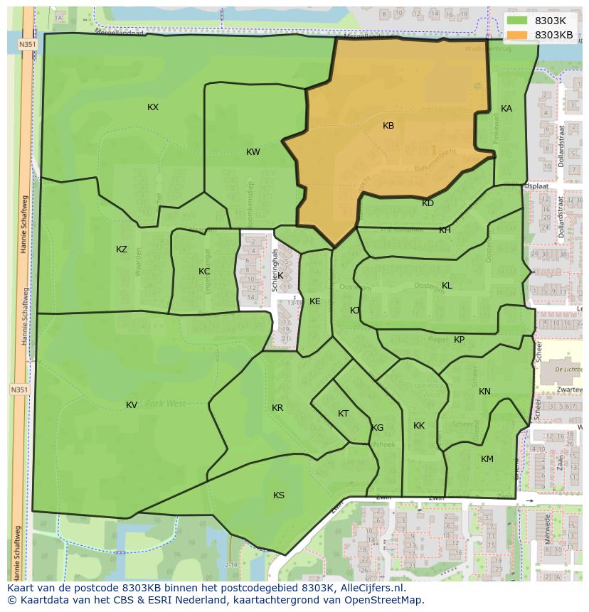 Afbeelding van het postcodegebied 8303 KB op de kaart.