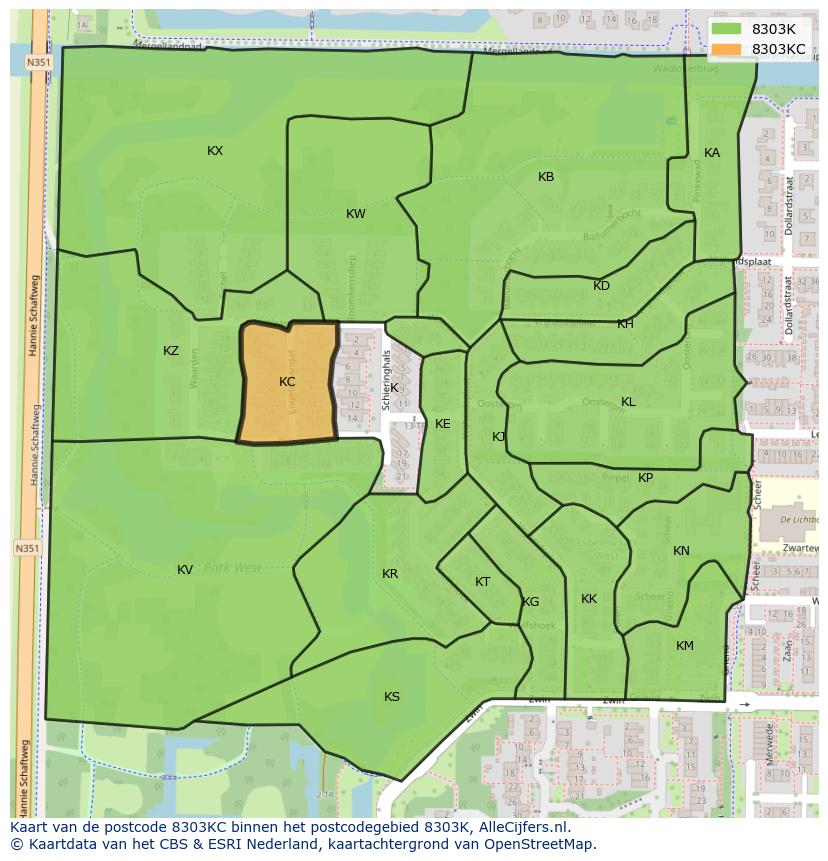 Afbeelding van het postcodegebied 8303 KC op de kaart.