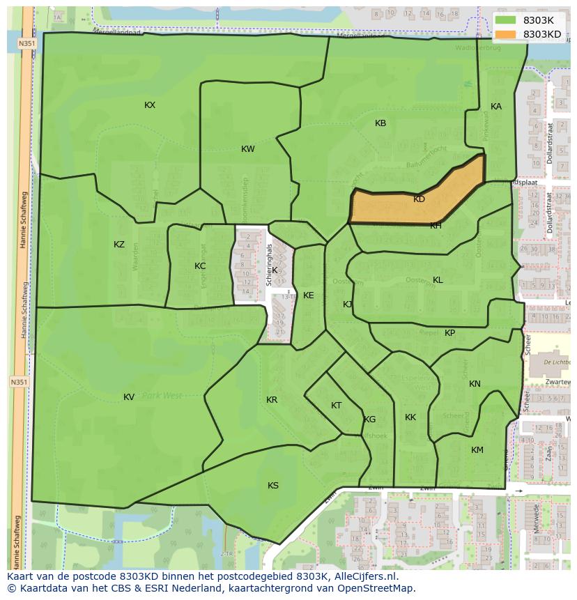 Afbeelding van het postcodegebied 8303 KD op de kaart.