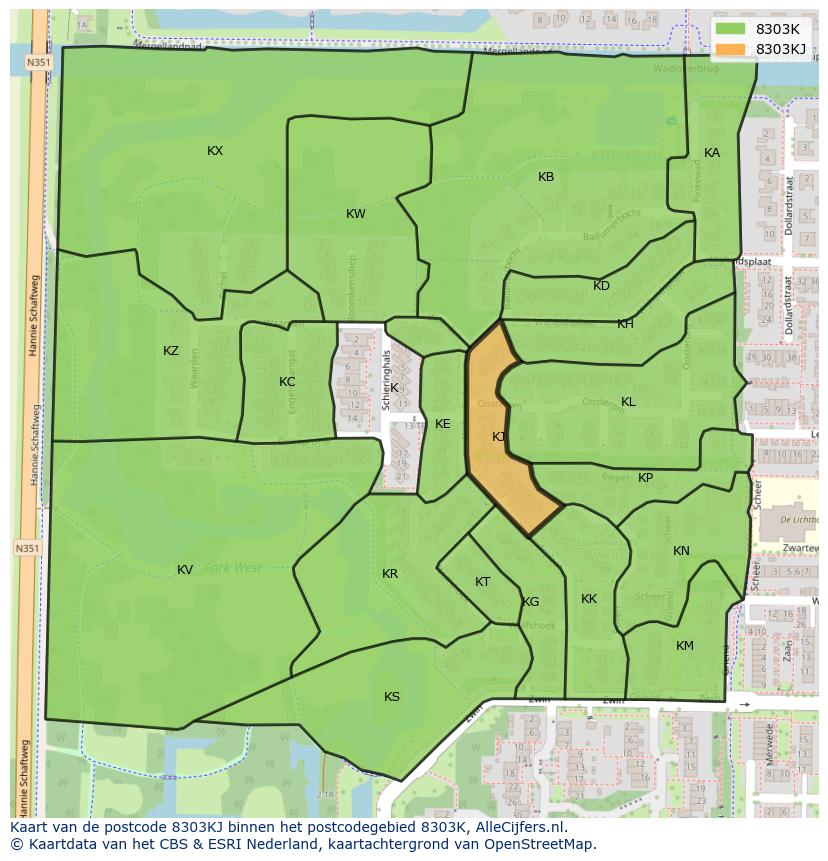 Afbeelding van het postcodegebied 8303 KJ op de kaart.