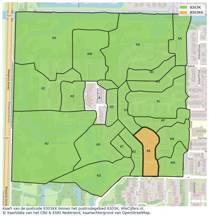 Afbeelding van het postcodegebied 8303 KK op de kaart.
