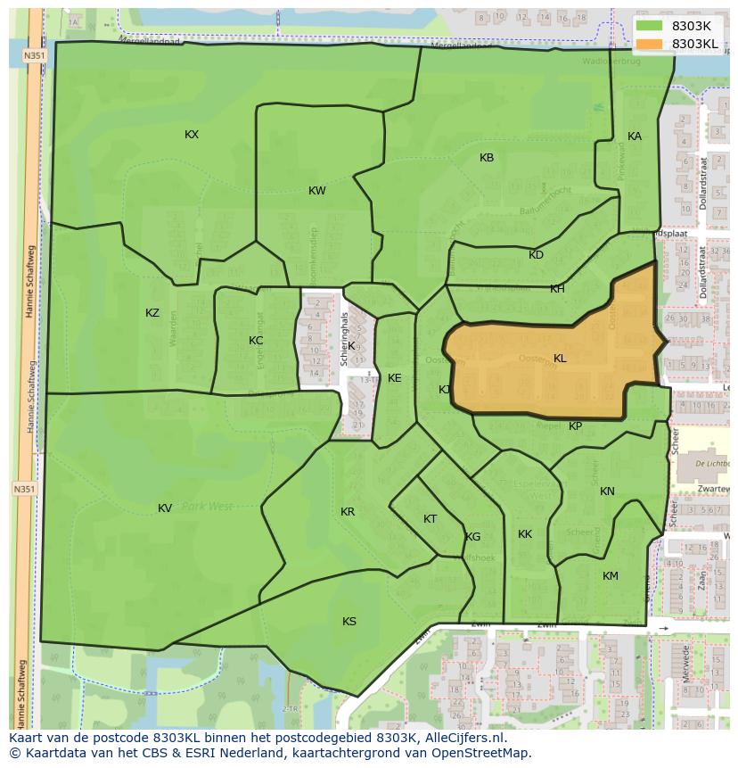 Afbeelding van het postcodegebied 8303 KL op de kaart.
