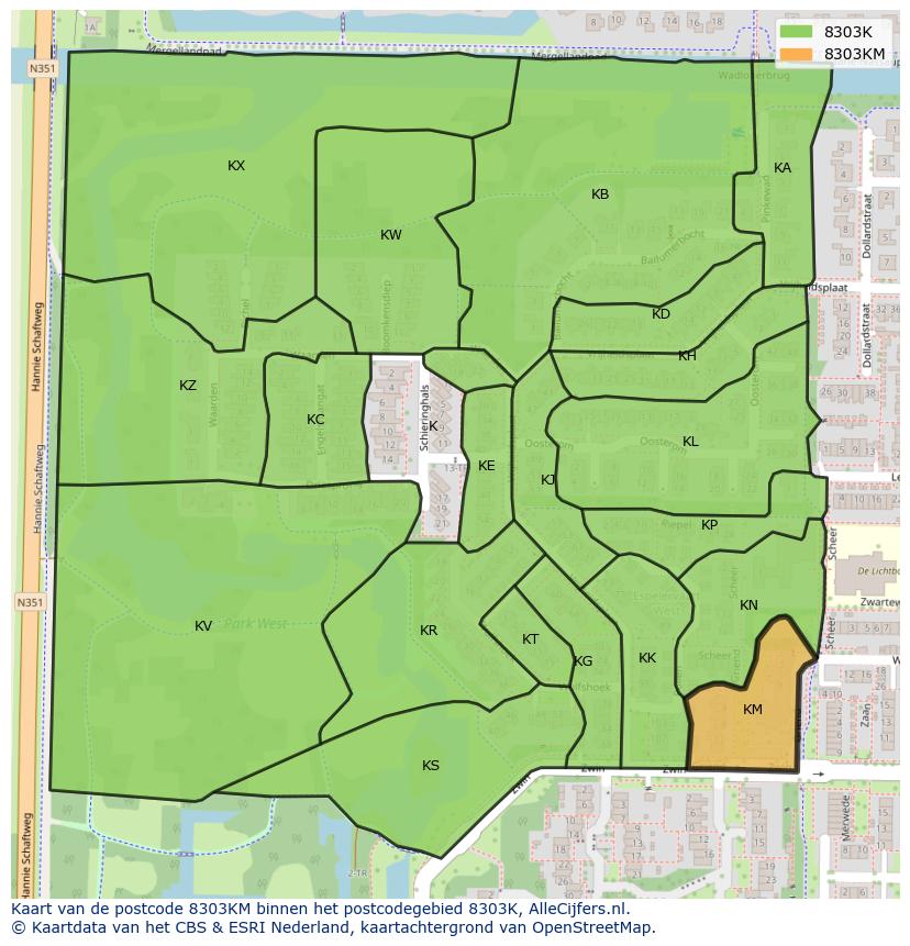 Afbeelding van het postcodegebied 8303 KM op de kaart.