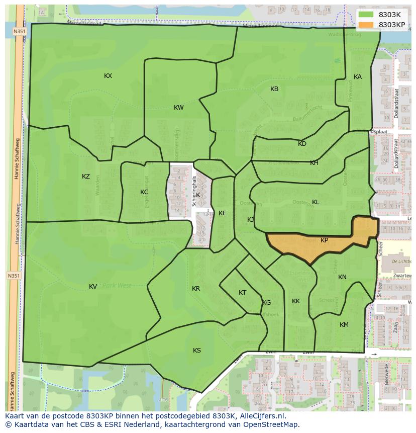 Afbeelding van het postcodegebied 8303 KP op de kaart.