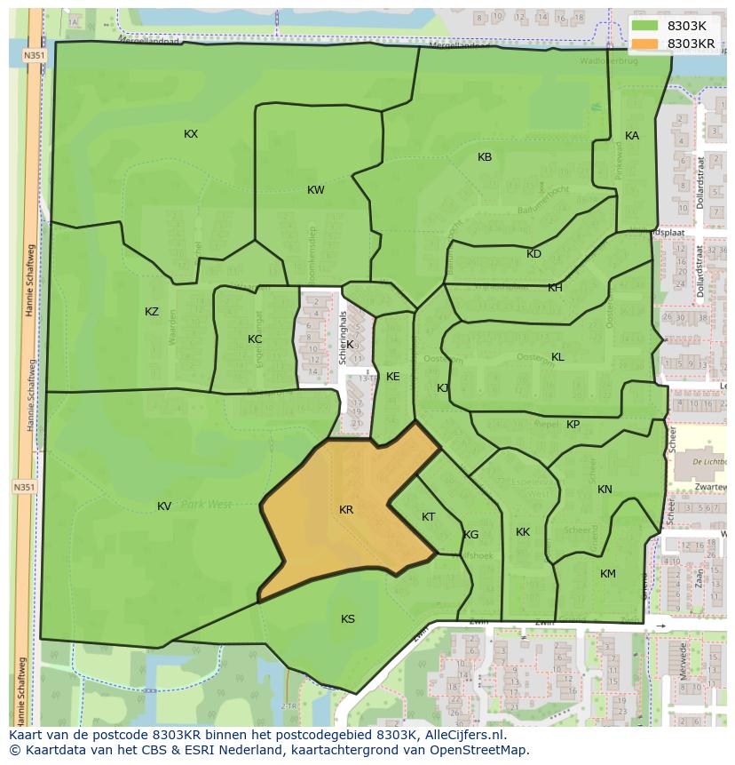 Afbeelding van het postcodegebied 8303 KR op de kaart.