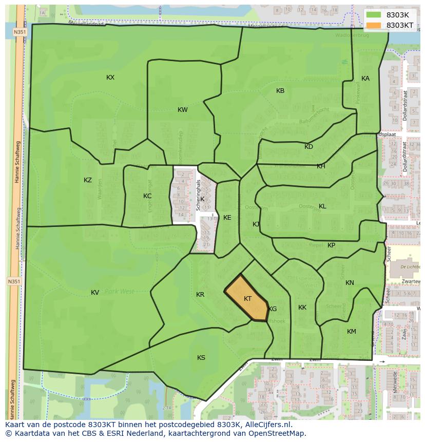 Afbeelding van het postcodegebied 8303 KT op de kaart.