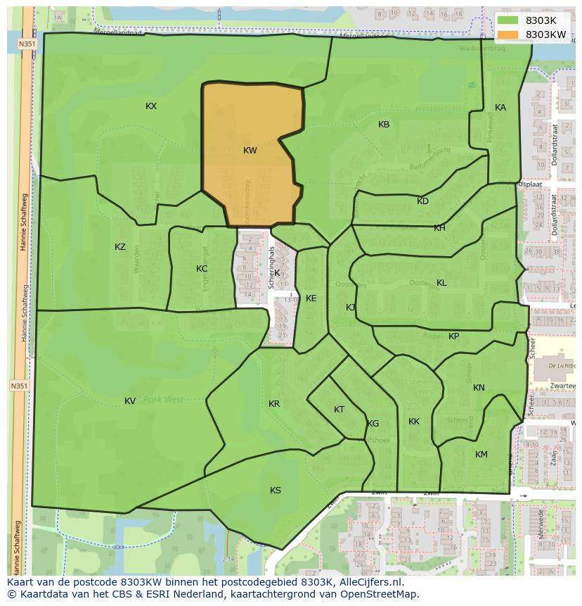 Afbeelding van het postcodegebied 8303 KW op de kaart.