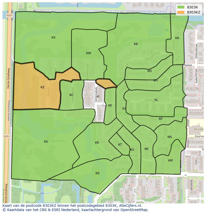 Afbeelding van het postcodegebied 8303 KZ op de kaart.