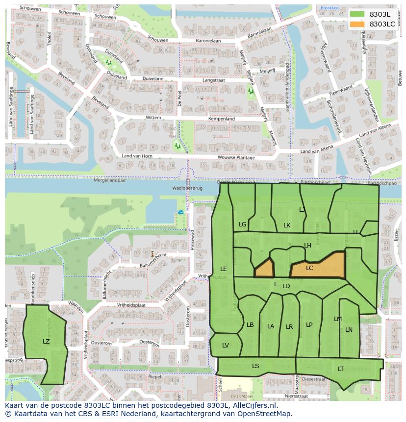 Afbeelding van het postcodegebied 8303 LC op de kaart.