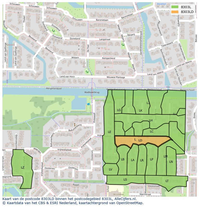 Afbeelding van het postcodegebied 8303 LD op de kaart.
