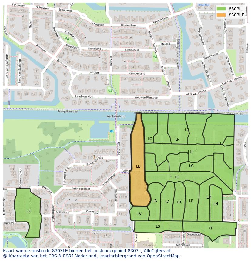 Afbeelding van het postcodegebied 8303 LE op de kaart.