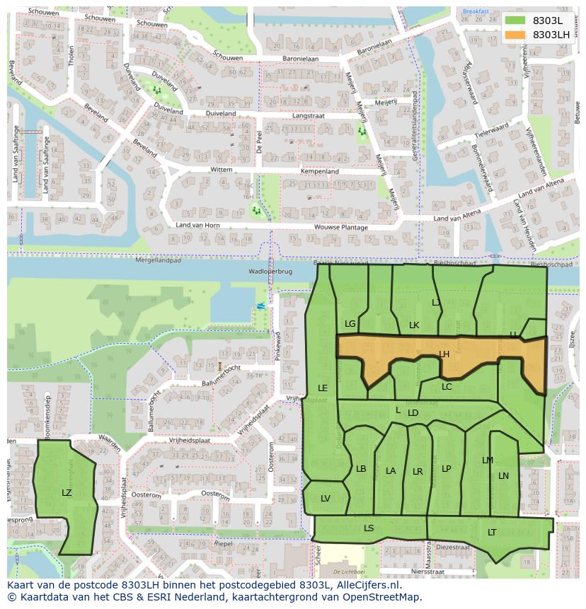 Afbeelding van het postcodegebied 8303 LH op de kaart.
