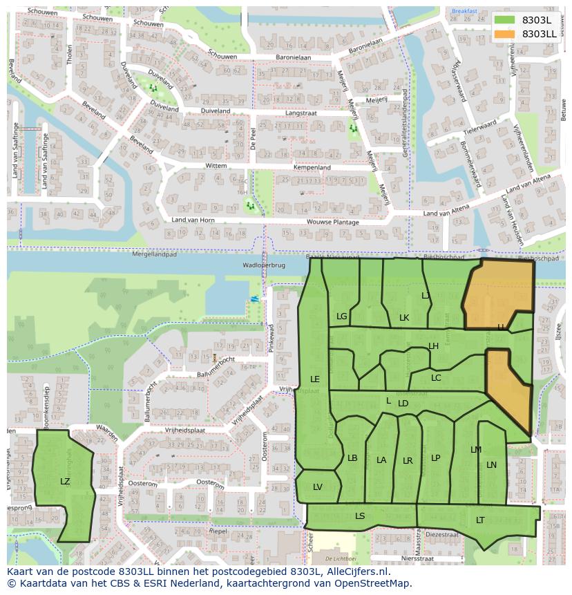 Afbeelding van het postcodegebied 8303 LL op de kaart.