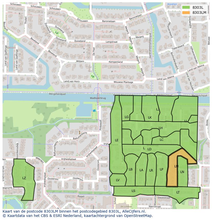 Afbeelding van het postcodegebied 8303 LM op de kaart.
