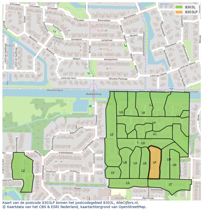 Afbeelding van het postcodegebied 8303 LP op de kaart.