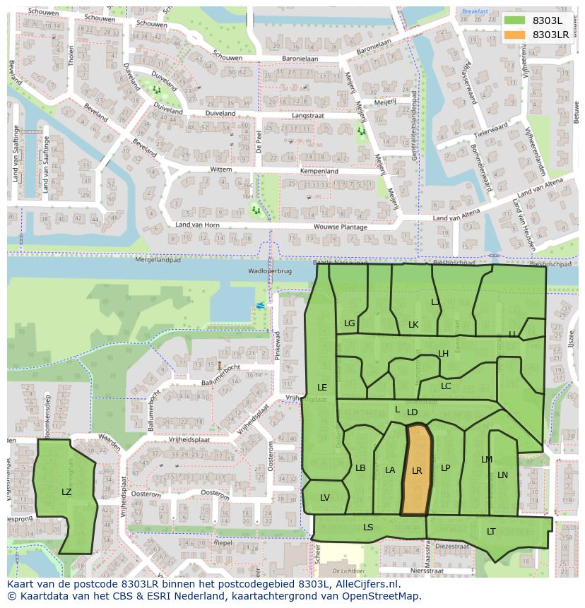 Afbeelding van het postcodegebied 8303 LR op de kaart.