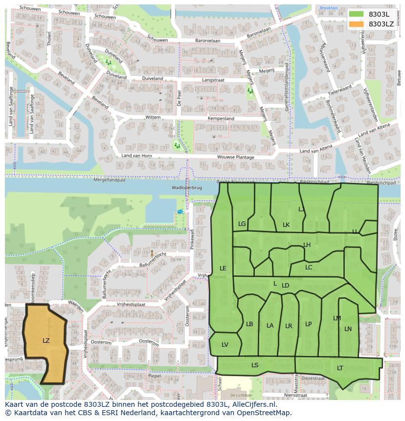 Afbeelding van het postcodegebied 8303 LZ op de kaart.
