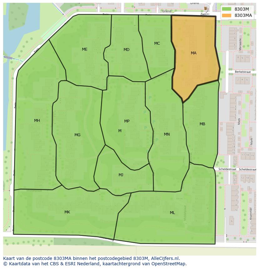 Afbeelding van het postcodegebied 8303 MA op de kaart.