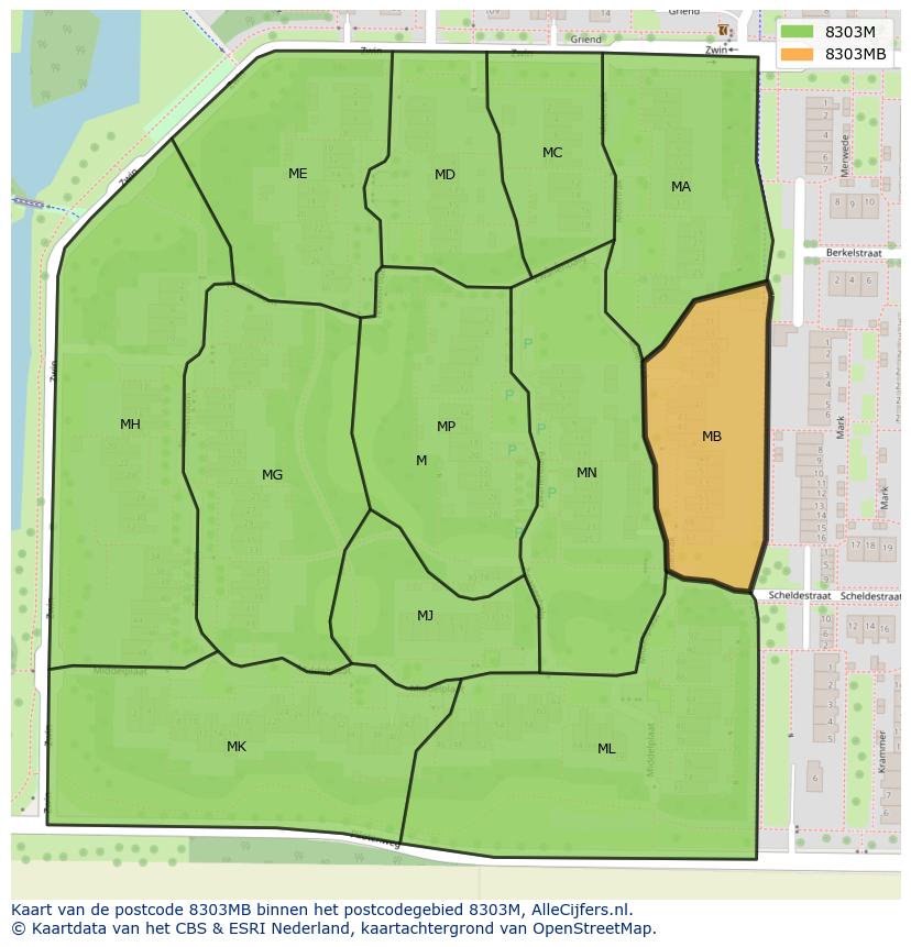 Afbeelding van het postcodegebied 8303 MB op de kaart.