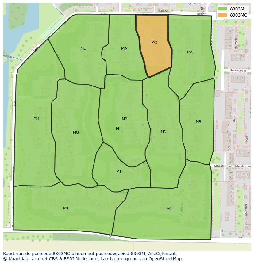 Afbeelding van het postcodegebied 8303 MC op de kaart.