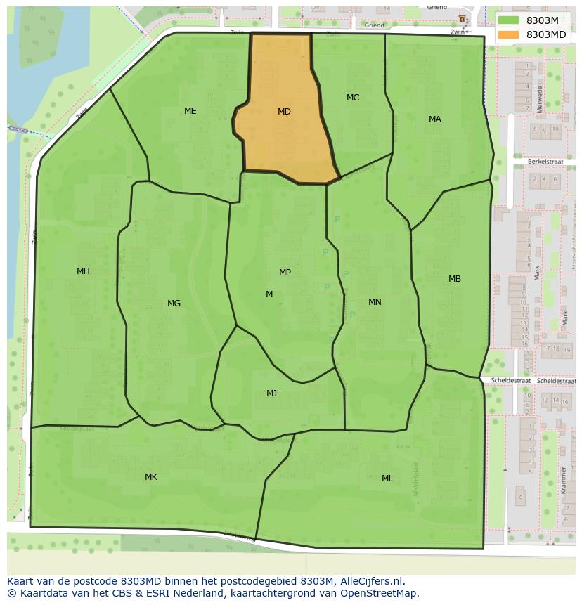 Afbeelding van het postcodegebied 8303 MD op de kaart.