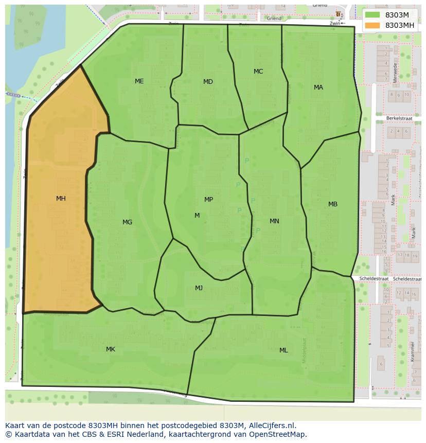 Afbeelding van het postcodegebied 8303 MH op de kaart.