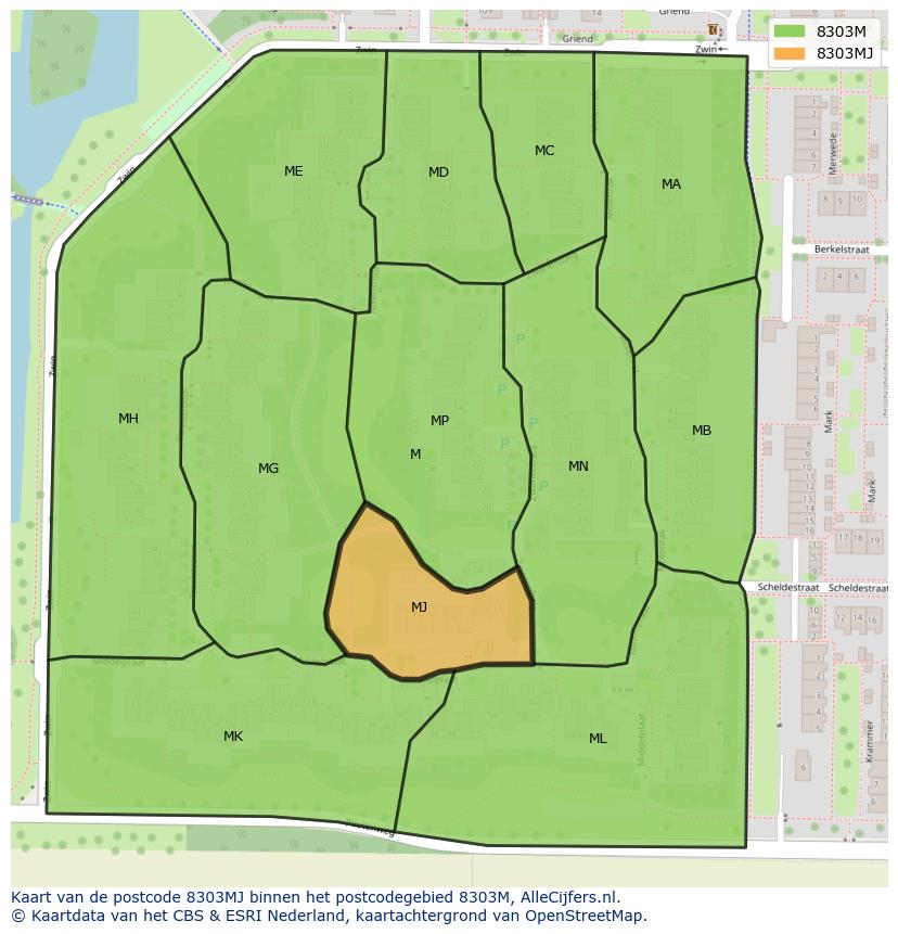 Afbeelding van het postcodegebied 8303 MJ op de kaart.