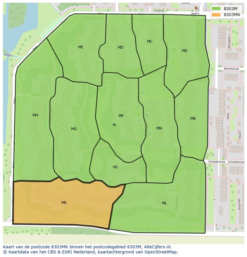 Afbeelding van het postcodegebied 8303 MK op de kaart.