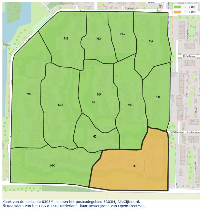Afbeelding van het postcodegebied 8303 ML op de kaart.
