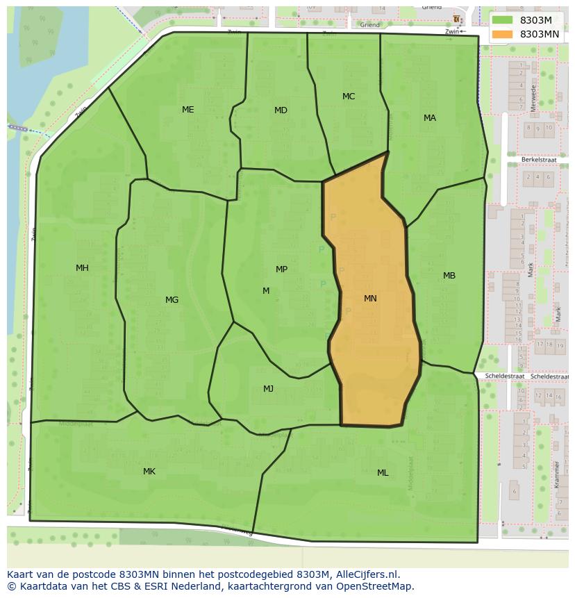 Afbeelding van het postcodegebied 8303 MN op de kaart.