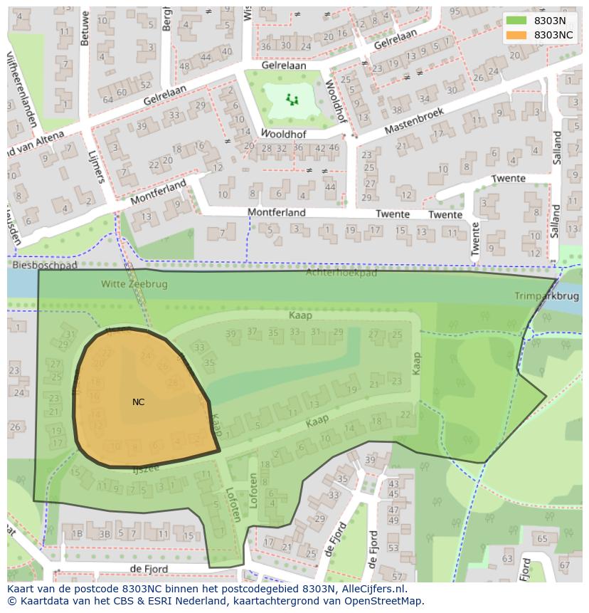Afbeelding van het postcodegebied 8303 NC op de kaart.