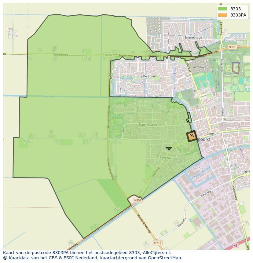 Afbeelding van het postcodegebied 8303 PA op de kaart.