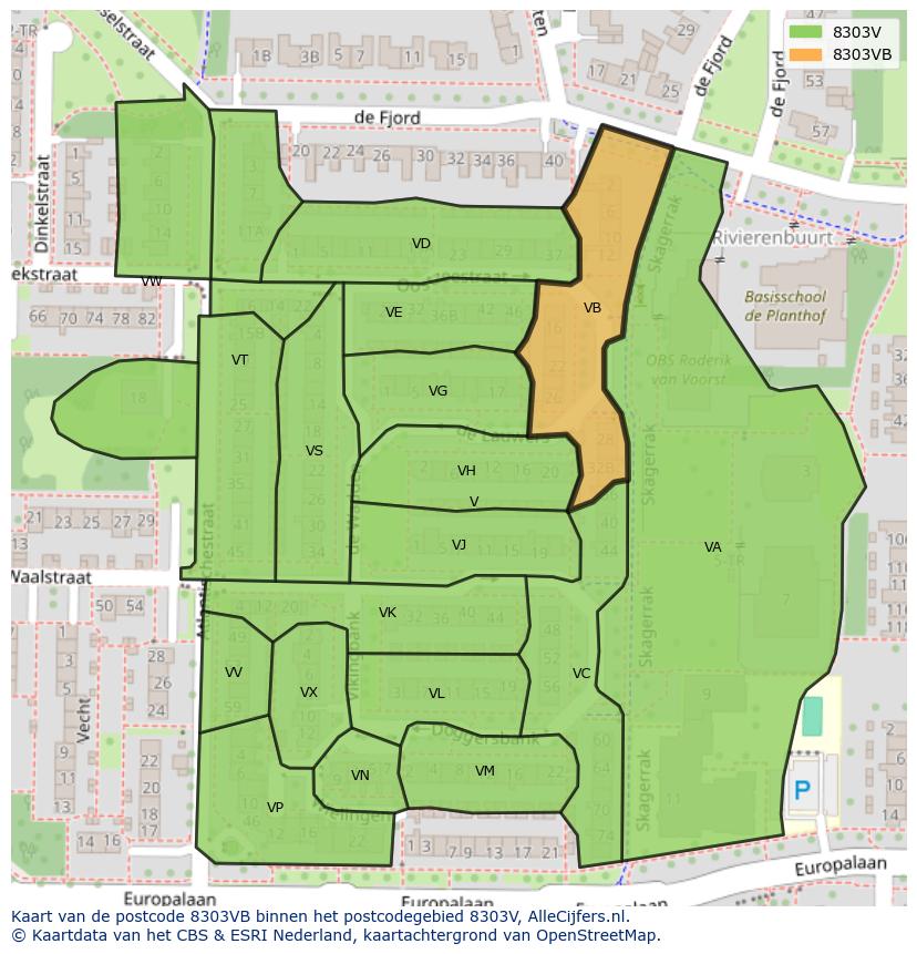Afbeelding van het postcodegebied 8303 VB op de kaart.
