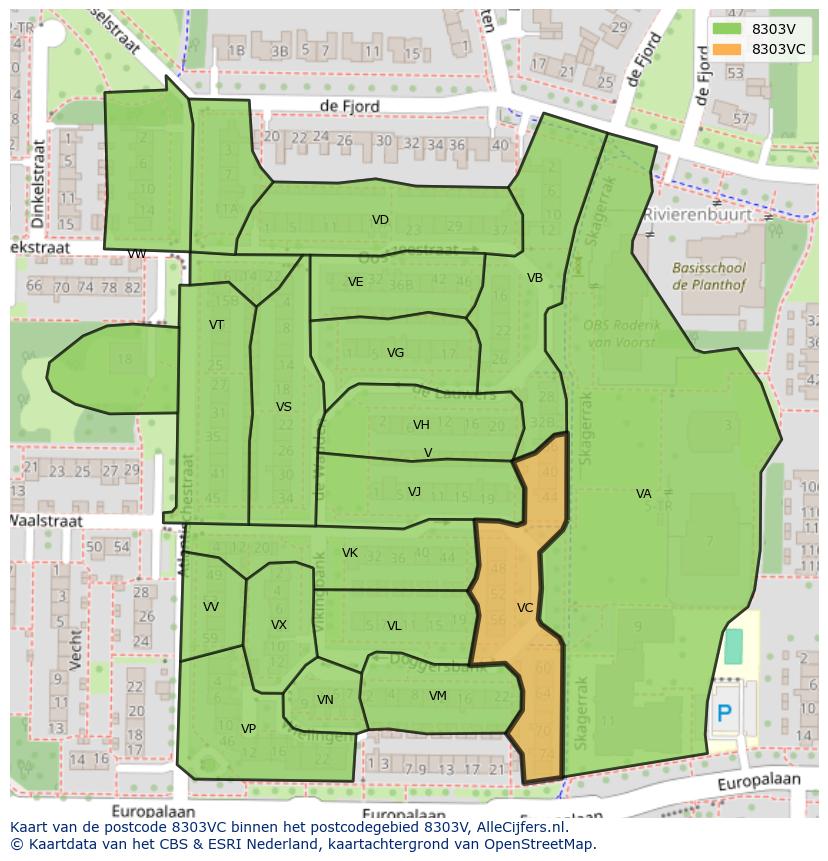 Afbeelding van het postcodegebied 8303 VC op de kaart.