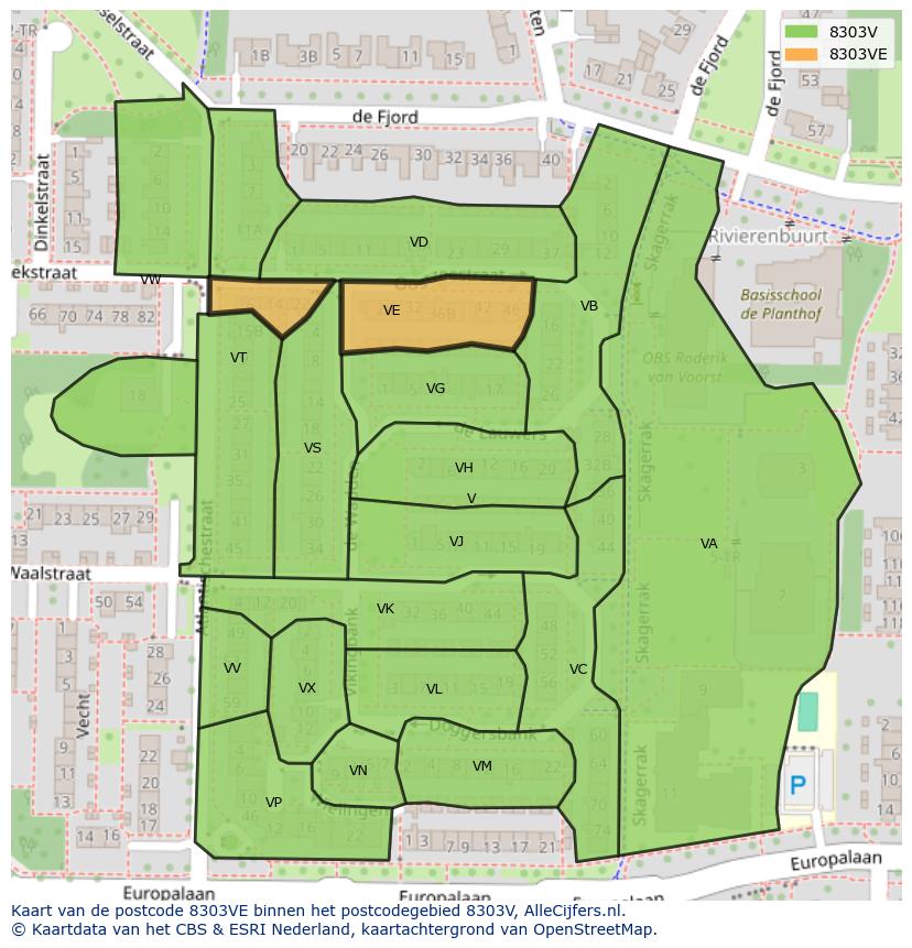 Afbeelding van het postcodegebied 8303 VE op de kaart.