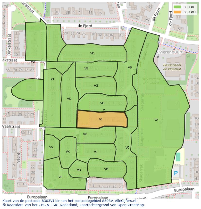Afbeelding van het postcodegebied 8303 VJ op de kaart.