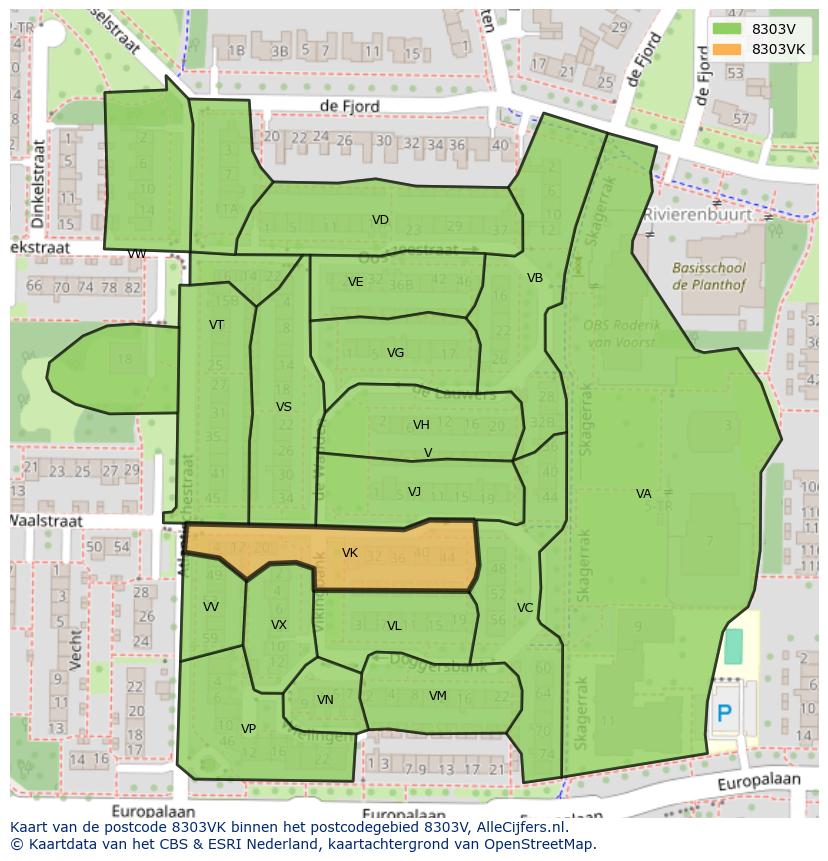 Afbeelding van het postcodegebied 8303 VK op de kaart.