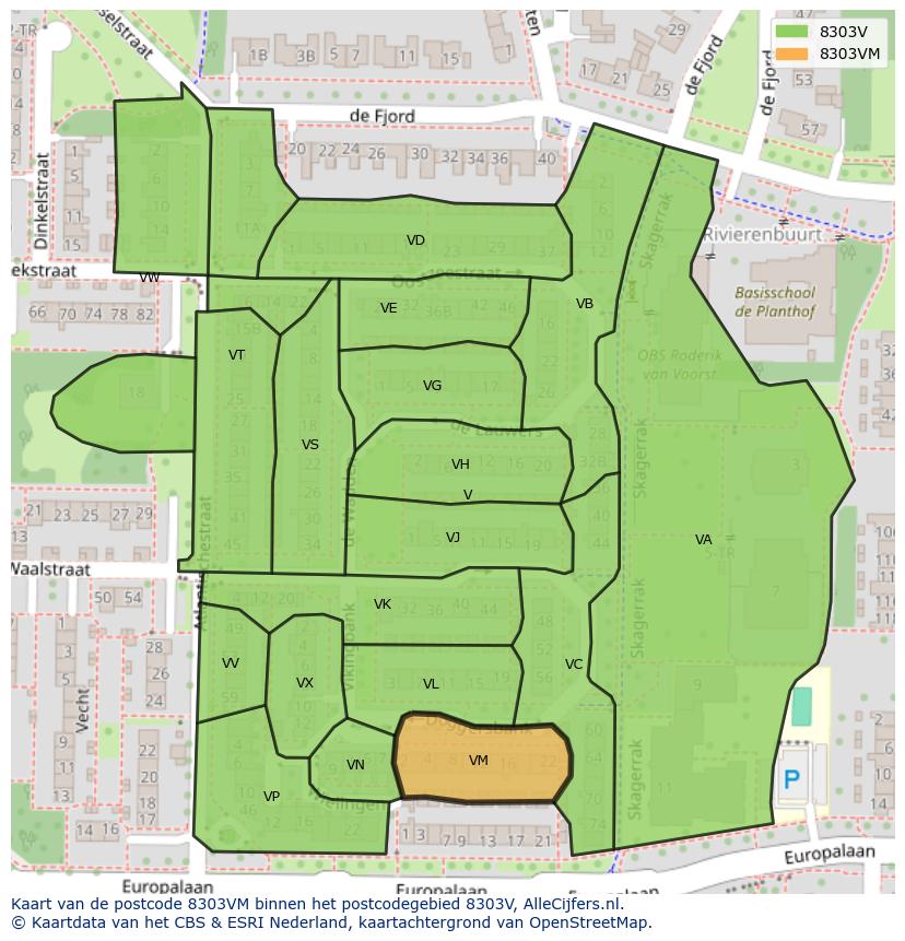 Afbeelding van het postcodegebied 8303 VM op de kaart.