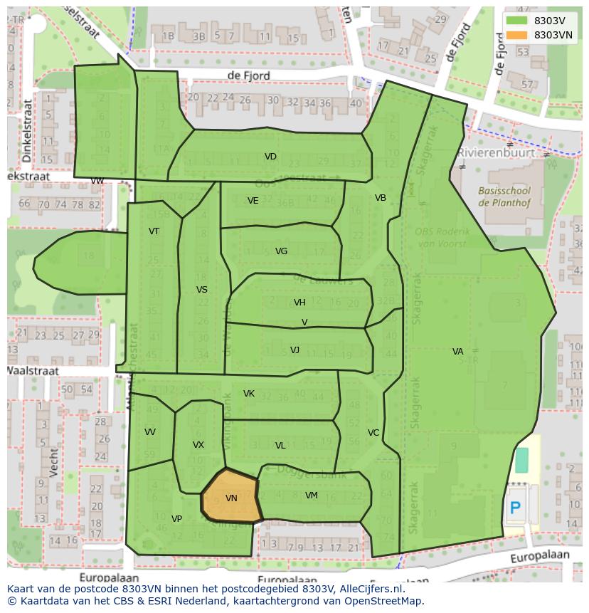 Afbeelding van het postcodegebied 8303 VN op de kaart.