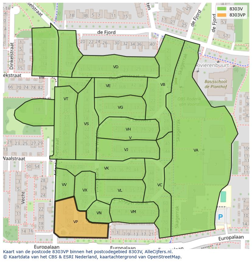 Afbeelding van het postcodegebied 8303 VP op de kaart.